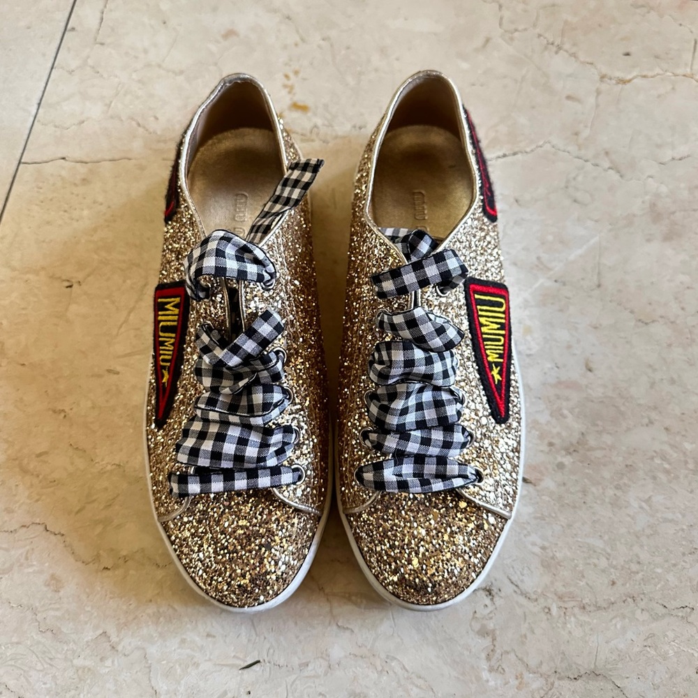 Miumiu Gold Glitter Patch Sneaker 37